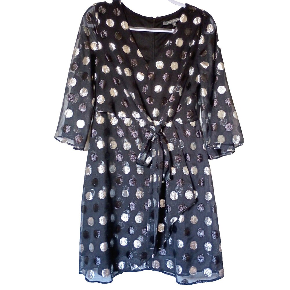 Julia Jordan Sz 6 Fit And Flare Tie Front Clip Dot Chiffon Black Polka Dot Dress - Picture 3 of 14